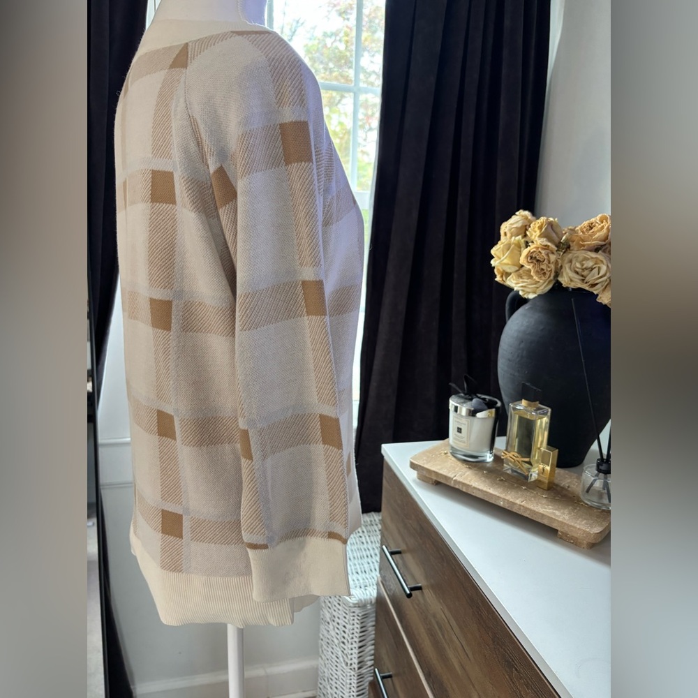 LOFT Plaid Crew Neck Sweater - Cream and Brown - Picture 4 of 6